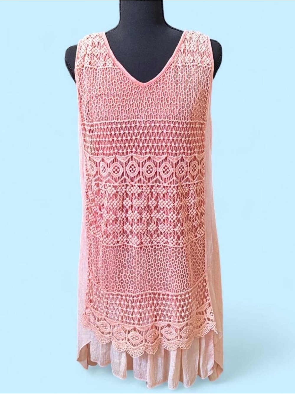 Sleeveless Crochet Layered Tank Dress - Pink